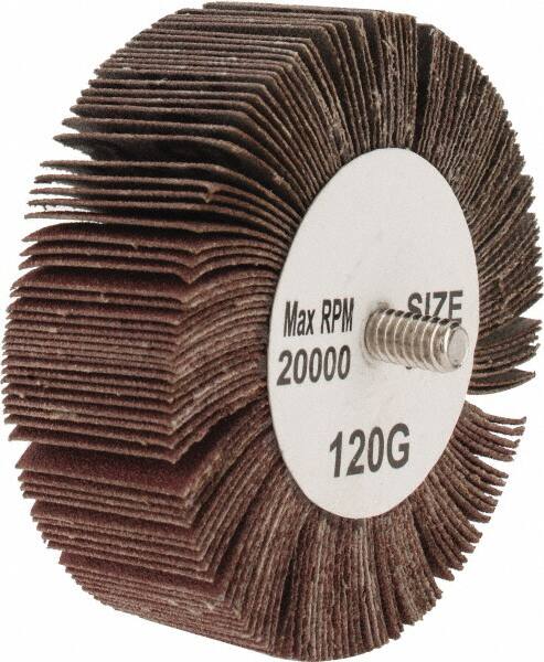 Tru-Maxx - 3" Diam x 1" Face Width, Fine Aluminum Oxide Coated Mounted Flap Wheel - 1/4-20 Threaded Mount, 120 Grit, 20,000 Max RPM - Exact Tooling