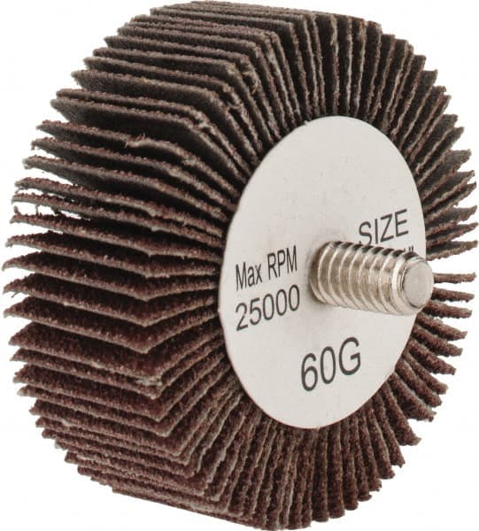 Tru-Maxx - 2" Diam x 3/4" Face Width, Medium Aluminum Oxide Coated Mounted Flap Wheel - 1/4-20 Threaded Mount, 60 Grit, 25,000 Max RPM - Exact Tooling