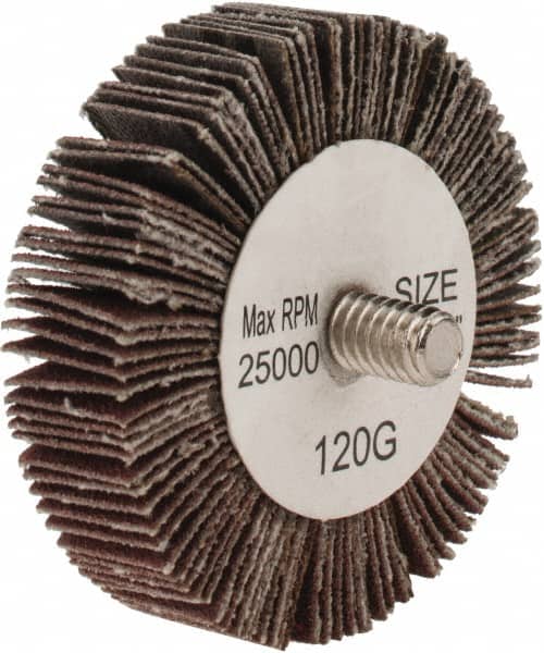 Tru-Maxx - 2" Diam x 1/2" Face Width, Fine Aluminum Oxide Coated Mounted Flap Wheel - 1/4-20 Threaded Mount, 120 Grit, 25,000 Max RPM - Exact Tooling