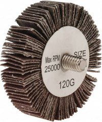 Tru-Maxx - 2" Diam x 1/2" Face Width, Fine Aluminum Oxide Coated Mounted Flap Wheel - 1/4-20 Threaded Mount, 120 Grit, 25,000 Max RPM - Exact Tooling