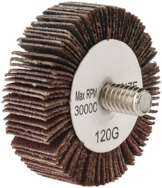 Tru-Maxx - 1-1/2" Diam x 1/2" Face Width, Fine Aluminum Oxide Coated Mounted Flap Wheel - 1/4-20 Threaded Mount, 120 Grit, 30,000 Max RPM - Exact Tooling