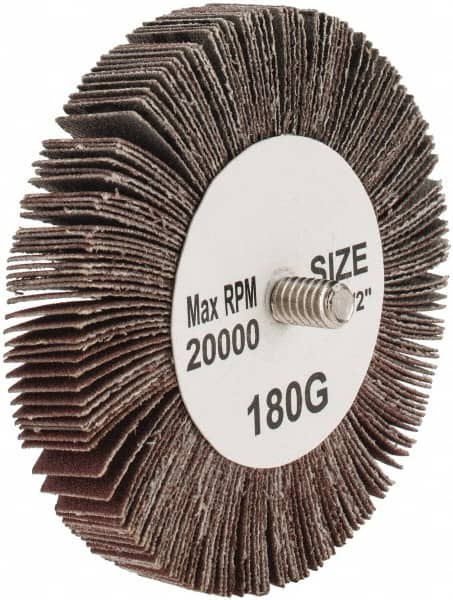 Tru-Maxx - 3" Diam x 1/2" Face Width, Very Fine Aluminum Oxide Coated Mounted Flap Wheel - 1/4-20 Threaded Mount, 180 Grit, 20,000 Max RPM - Exact Tooling
