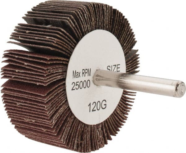 Tru-Maxx - 2-1/2" Diam x 1" Face Width, Fine Aluminum Oxide Coated Mounted Flap Wheel - 1/4" Shank Mount, 120 Grit, 25,000 Max RPM - Exact Tooling