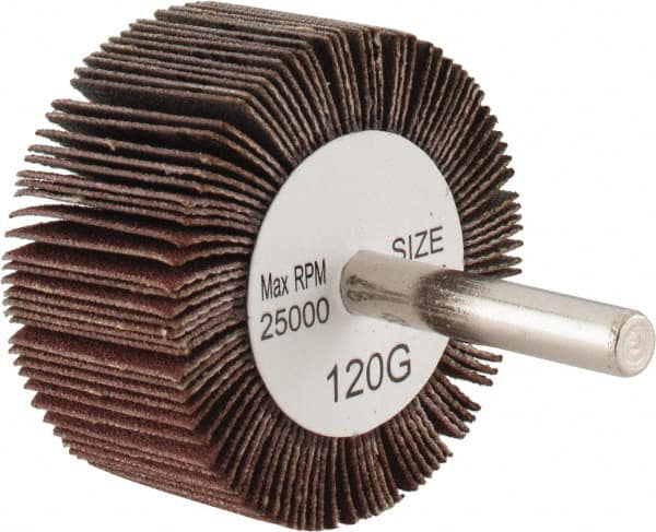 Tru-Maxx - 2" Diam x 1" Face Width, Fine Aluminum Oxide Coated Mounted Flap Wheel - 1/4" Shank Mount, 120 Grit, 25,000 Max RPM - Exact Tooling