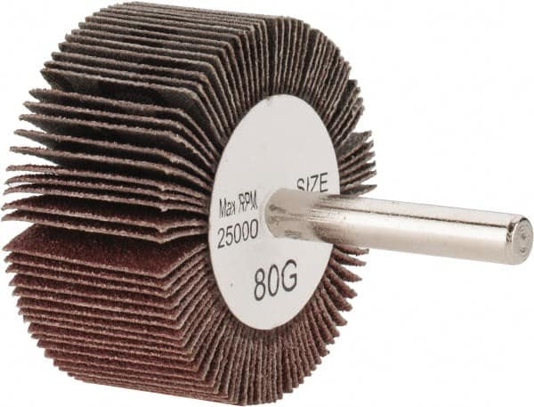 Tru-Maxx - 2" Diam x 1" Face Width, Medium Aluminum Oxide Coated Mounted Flap Wheel - 1/4" Shank Mount, 80 Grit, 25,000 Max RPM - Exact Tooling