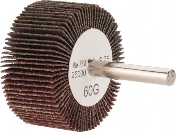 Tru-Maxx - 2" Diam x 1" Face Width, Medium Aluminum Oxide Coated Mounted Flap Wheel - 1/4" Shank Mount, 60 Grit, 25,000 Max RPM - Exact Tooling