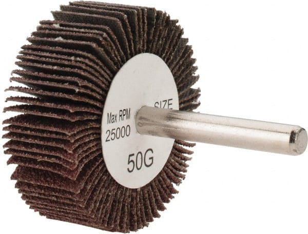 Tru-Maxx - 2" Diam x 3/4" Face Width, Coarse Aluminum Oxide Coated Mounted Flap Wheel - 1/4" Shank Mount, 50 Grit, 25,000 Max RPM - Exact Tooling