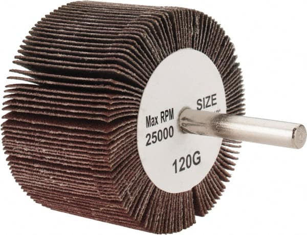 Tru-Maxx - 2-1/2" Diam x 1-1/2" Face Width, Fine Aluminum Oxide Coated Mounted Flap Wheel - 1/4" Shank Mount, 120 Grit, 25,000 Max RPM - Exact Tooling