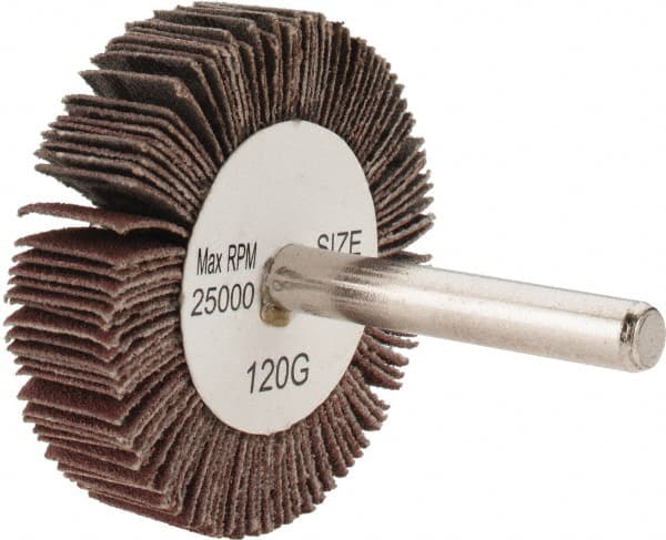 Tru-Maxx - 2" Diam x 1/2" Face Width, Fine Aluminum Oxide Coated Mounted Flap Wheel - 1/4" Shank Mount, 120 Grit, 25,000 Max RPM - Exact Tooling