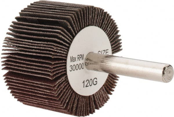 Tru-Maxx - 1-1/2" Diam x 1" Face Width, Fine Aluminum Oxide Coated Mounted Flap Wheel - 1/4" Shank Mount, 120 Grit, 30,000 Max RPM - Exact Tooling