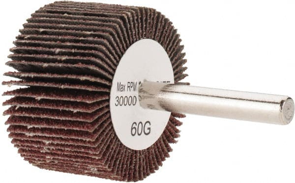 Tru-Maxx - 1-1/2" Diam x 1" Face Width, Medium Aluminum Oxide Coated Mounted Flap Wheel - 1/4" Shank Mount, 60 Grit, 30,000 Max RPM - Exact Tooling
