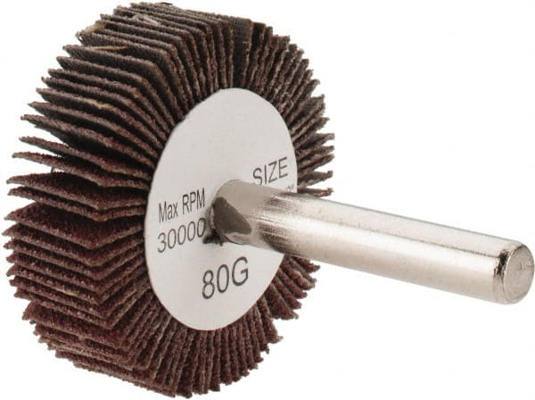 Tru-Maxx - 1-1/2" Diam x 1/2" Face Width, Medium Aluminum Oxide Coated Mounted Flap Wheel - 1/4" Shank Mount, 80 Grit, 30,000 Max RPM - Exact Tooling