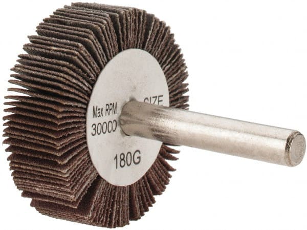 Tru-Maxx - 1-1/2" Diam x 1/2" Face Width, Very Fine Aluminum Oxide Coated Mounted Flap Wheel - 1/4" Shank Mount, 180 Grit, 30,000 Max RPM - Exact Tooling