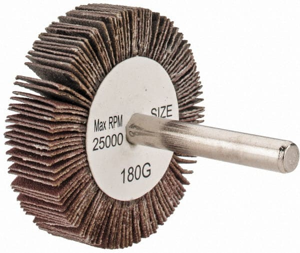 Tru-Maxx - 2" Diam x 1/2" Face Width, Very Fine Aluminum Oxide Coated Mounted Flap Wheel - 1/4" Shank Mount, 180 Grit, 25,000 Max RPM - Exact Tooling