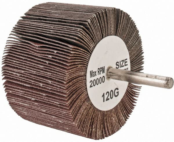 Tru-Maxx - 3" Diam x 2" Face Width, Fine Aluminum Oxide Coated Mounted Flap Wheel - 1/4" Shank Mount, 120 Grit, 20,000 Max RPM - Exact Tooling