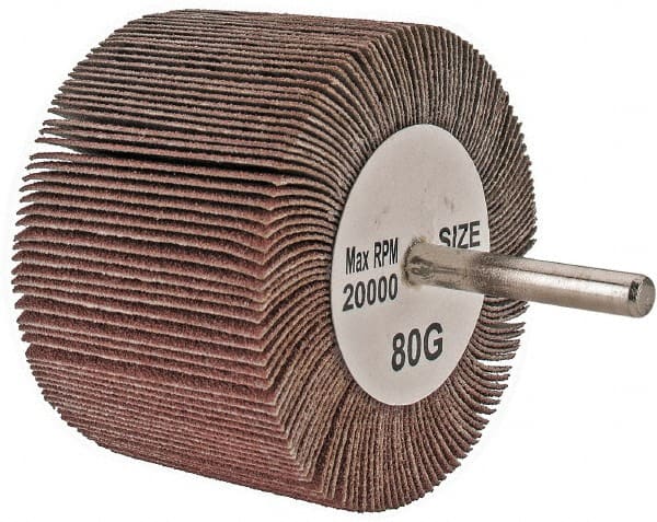 Tru-Maxx - 3" Diam x 2" Face Width, Medium Aluminum Oxide Coated Mounted Flap Wheel - 1/4" Shank Mount, 80 Grit, 20,000 Max RPM - Exact Tooling