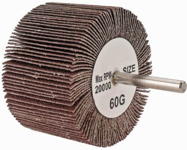 Tru-Maxx - 3" Diam x 2" Face Width, Medium Aluminum Oxide Coated Mounted Flap Wheel - 1/4" Shank Mount, 60 Grit, 20,000 Max RPM - Exact Tooling