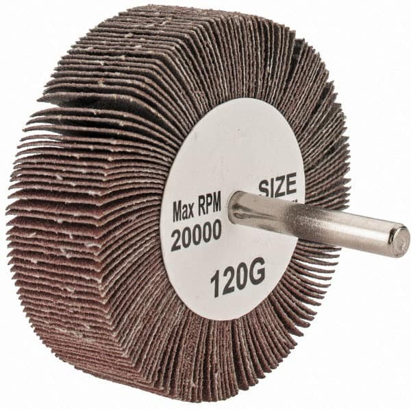 Tru-Maxx - 3" Diam x 1" Face Width, Fine Aluminum Oxide Coated Mounted Flap Wheel - 1/4" Shank Mount, 120 Grit, 20,000 Max RPM - Exact Tooling