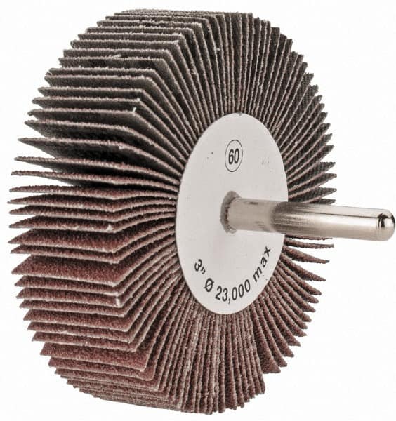 Tru-Maxx - 3" Diam x 1" Face Width, Medium Aluminum Oxide Coated Mounted Flap Wheel - 1/4" Shank Mount, 60 Grit, 20,000 Max RPM - Exact Tooling