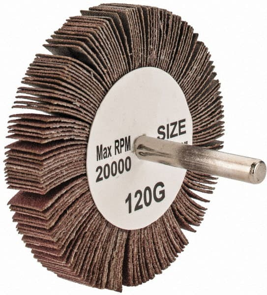 Tru-Maxx - 3" Diam x 1/2" Face Width, Fine Aluminum Oxide Coated Mounted Flap Wheel - 1/4" Shank Mount, 120 Grit, 20,000 Max RPM - Exact Tooling