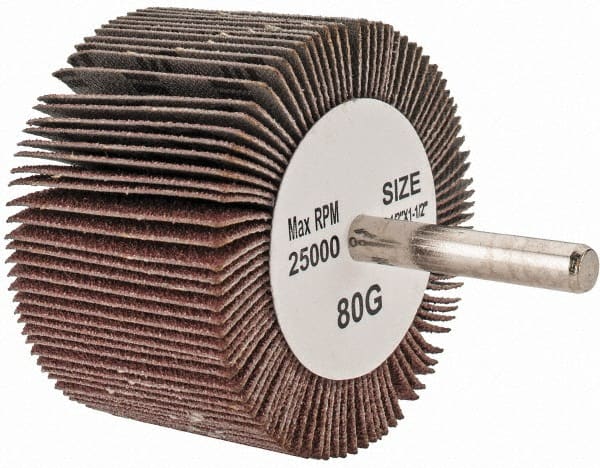 Tru-Maxx - 2-1/2" Diam x 1-1/2" Face Width, Medium Aluminum Oxide Coated Mounted Flap Wheel - 1/4" Shank Mount, 80 Grit, 25,000 Max RPM - Exact Tooling