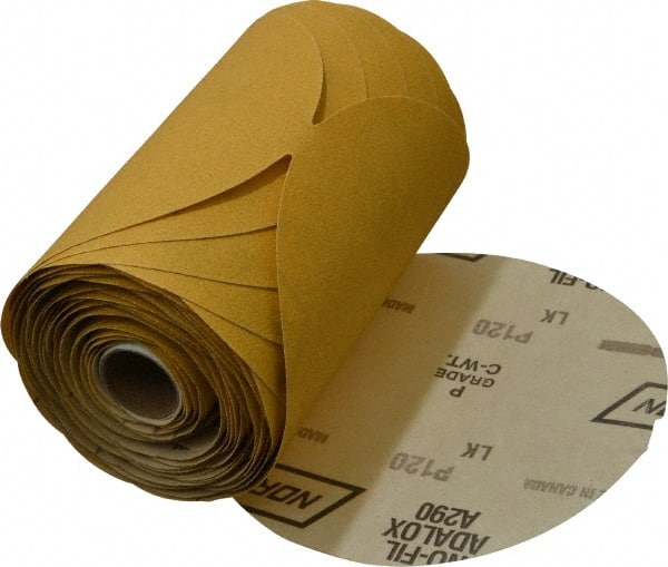 Norton - 6" Diam, 120 Grit Aluminum Oxide Adhesive PSA Disc - Medium Grade, Gold, C Weighted Backing, Flexible - Exact Tooling