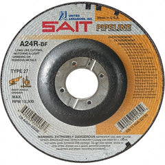 Sait - 24 Grit, 6" Wheel Diam, 1/8" Wheel Thickness, 7/8" Arbor Hole, Type 27 Depressed Center Wheel - Aluminum Oxide, Resinoid Bond, R Hardness, 10,200 Max RPM, Compatible with Angle Grinder - Exact Tooling