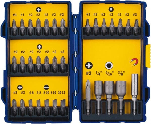 Irwin - 33 Piece, 1/4" Drive Screwdriver Bit Set - #1 to #3 Phillips, 0.05 to 1/4" Hex, 1.27 to 10mm Hex, #1 to #3 Square Recess - Exact Tooling