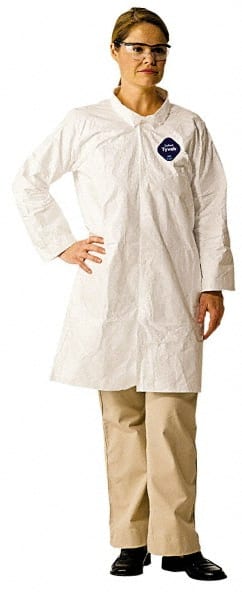 Dupont - Size 4XL White Disposable Chemical Resistant Lab Coat - Tyvek, Snap Front, Open Cuff - Exact Tooling