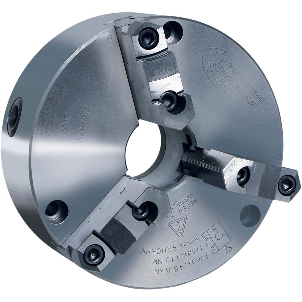 Pratt Burnerd America - Manual Lathe Chucks; Chuck Type: Self-Centering ; Nominal Chuck Size: 10 ; Number of Jaws: 3 ; Mount: Plain Back ; Through-Hole Diameter (Inch): 3 ; Body Material: Forged Steel - Exact Tooling