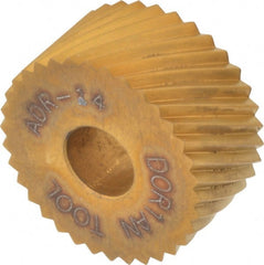 Dorian Tool - 3/4" Diam, 90° Tooth Angle, 14 TPI, Standard (Shape), Form Type High Speed Steel Right-Hand Diagonal Knurl Wheel - 3/8" Face Width, 1/4" Hole, Circular Pitch, 30° Helix, Bright Finish, Series A - Exact Tooling