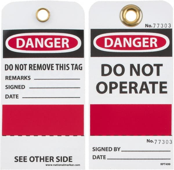 NMC - 3" High x 6" Long, DANGER - DO NOT OPERATE, English Safety & Facility Accident Prevention Tag - Tag Header: Danger, 2 Sides, Black, Red & White Unrippable Vinyl - Exact Tooling
