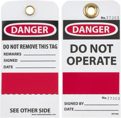 NMC - 3" High x 6" Long, DANGER - DO NOT OPERATE, English Safety & Facility Accident Prevention Tag - Tag Header: Danger, 2 Sides, Black, Red & White Unrippable Vinyl - Exact Tooling