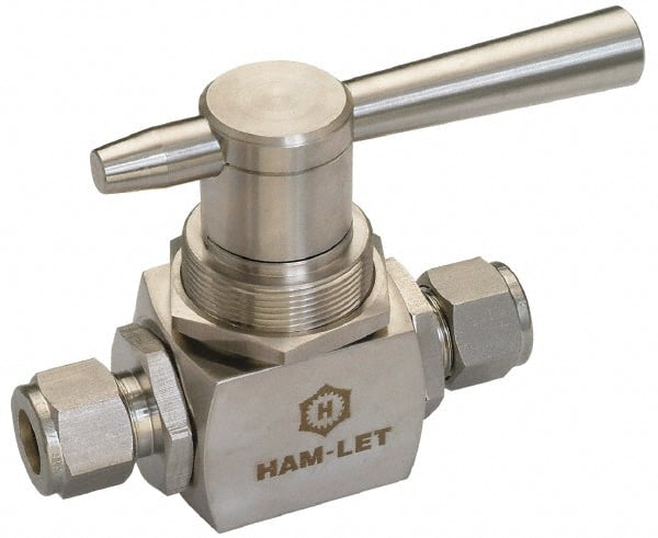 Ham-Let - 3/8" Pipe, Stainless Steel, Three Way, Instrumentation Ball Valve - 6,000 psi WOG Rating, Tee Handle, PTFE Seal, KEL-F Seat - Exact Tooling