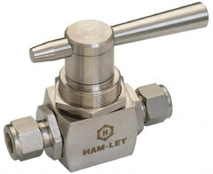 Ham-Let - 3/8" Pipe, Stainless Steel, Three Way, Instrumentation Ball Valve - 3,000 psi WOG Rating, Tee Handle, PTFE Seal, PTFE Seat, Swaglok SS-44XS6 - Exact Tooling