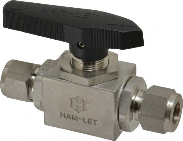 Ham-Let - 1/2" Pipe, Stainless Steel, Inline, Two Way Flow, Instrumentation Ball Valve - 3,000 psi WOG Rating, Tee Handle, PTFE Seal, PTFE Seat, Swaglok SS-45S8 - Exact Tooling