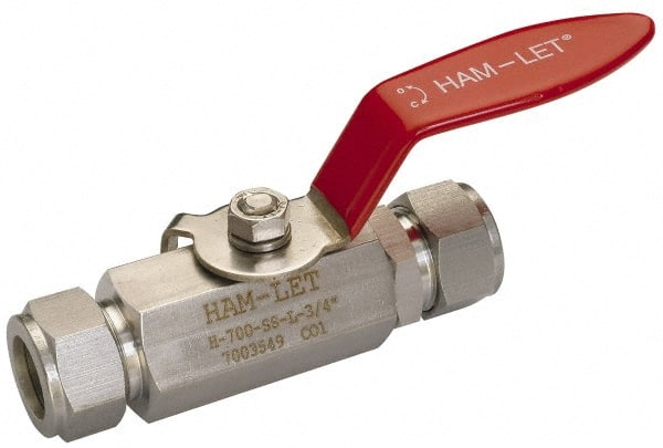 Ham-Let - 1" Pipe, Compression x Compression End Connections, Stainless Steel, Inline, Two Way Flow, Instrumentation Ball Valve - 2,000 psi WOG Rating, Locking Lever Handle, Reinforced PTFE Seal, Reinforced PTFE Seat - Exact Tooling