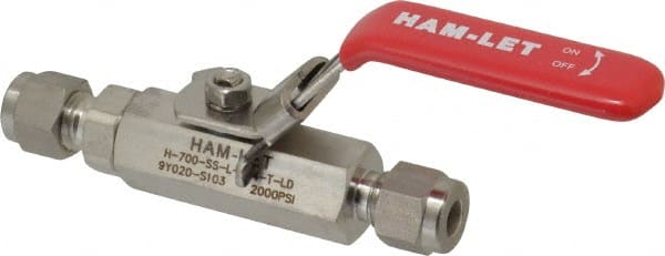 Ham-Let - 1/4" Pipe, Compression x Compression End Connections, Stainless Steel, Inline, Two Way Flow, Instrumentation Ball Valve - 2,000 psi WOG Rating, Locking Lever Handle, Reinforced PTFE Seal, Reinforced PTFE Seat - Exact Tooling