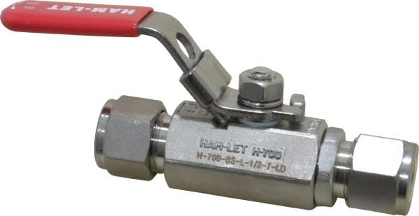 Ham-Let - 1/2" Pipe, Compression x Compression End Connections, Stainless Steel, Inline, Two Way Flow, Instrumentation Ball Valve - 2,000 psi WOG Rating, Locking Lever Handle, Reinforced PTFE Seal, Reinforced PTFE Seat - Exact Tooling