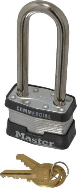 Master Lock - 2-1/2" Shackle Clearance, Keyed Different Padlock - 3/4" Shackle Width, 5/16" Shackle Diam, Laminated Steel - Exact Tooling