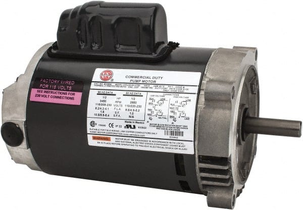 US Motors - 1/2 hp, ODP Enclosure, Auto Thermal Protection, 3,450 RPM, 115/208-230 Volt, 60 Hz, Industrial Electric AC/DC Motor - Size 56C Frame, C-Face Mount, 1 Speed, Ball Bearings, 8.2/4.2-4.1 Full Load Amps, B Class Insulation, Reversible - Exact Tooling