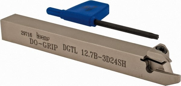 Iscar - External Thread, 0.118" Min Groove Width, 4.7" OAL, Left Hand Indexable Grooving Cutoff Toolholder - 0.094 Seat Size, 1/2" Shank Height x 1/2" Shank Width, DG.. Insert Style, DGT Toolholder Style, Series Do-Grip - Exact Tooling