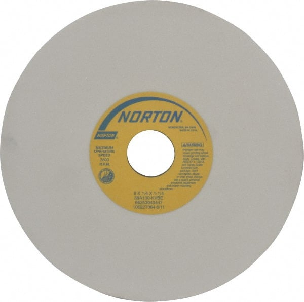 Norton - 8" Diam x 1-1/4" Hole x 1/4" Thick, K Hardness, 100 Grit Surface Grinding Wheel - Aluminum Oxide, Type 1, Fine Grade, 3,600 Max RPM, Vitrified Bond, No Recess - Exact Tooling
