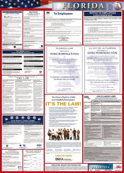 NMC - 24" Wide x 40" High Laminated Paper Labor Law Information Poster - Florida Jurisdiction, 0.03" Thick, English - Exact Tooling