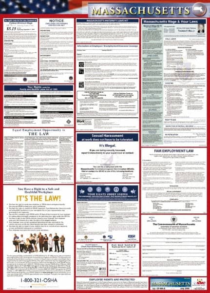 NMC - 24" Wide x 40" High Laminated Paper Labor Law Information Poster - Massachusetts Jurisdiction, 0.03" Thick, English - Exact Tooling