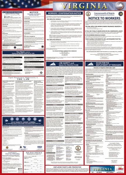 NMC - 24" Wide x 40" High Laminated Paper Labor Law Information Poster - Virginia Jurisdiction, 0.03" Thick, English - Exact Tooling