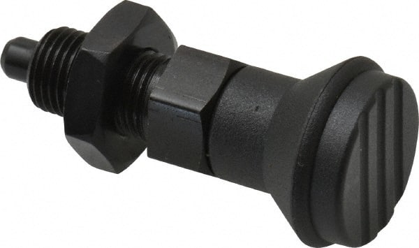 Gibraltar - M10x1, 15mm Thread Length, 5mm Plunger Diam, Knob Handle Indexing Plunger - Plunger Style B, 17mm Body Length, 47mm OAL, Steel - Exact Tooling