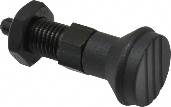 Gibraltar - M12x1.5, 17mm Thread Length, 6mm Plunger Diam, Knob Handle Indexing Plunger - Plunger Style B, 20mm Body Length, 56mm OAL, Steel - Exact Tooling