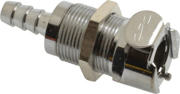 CPC Colder Products - 1/4" Inside Tube Diam, Brass, Quick Disconnect, Hose Barb Valved Panel Mount Coupling Body - 250 Max psi, -40 to 180°F, 2" OAL x 0.89" Overall Height, Chrome Plated - Exact Tooling