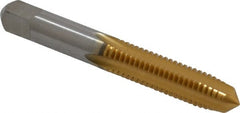 Kennametal - 3/8-16 UNC 3B 4 Flute TiN Finish High Speed Steel Straight Flute Standard Hand Tap - Plug, Right Hand Thread, 2-15/16" OAL, 1-1/4" Thread Length, H3 Limit, Oversize - Exact Tooling